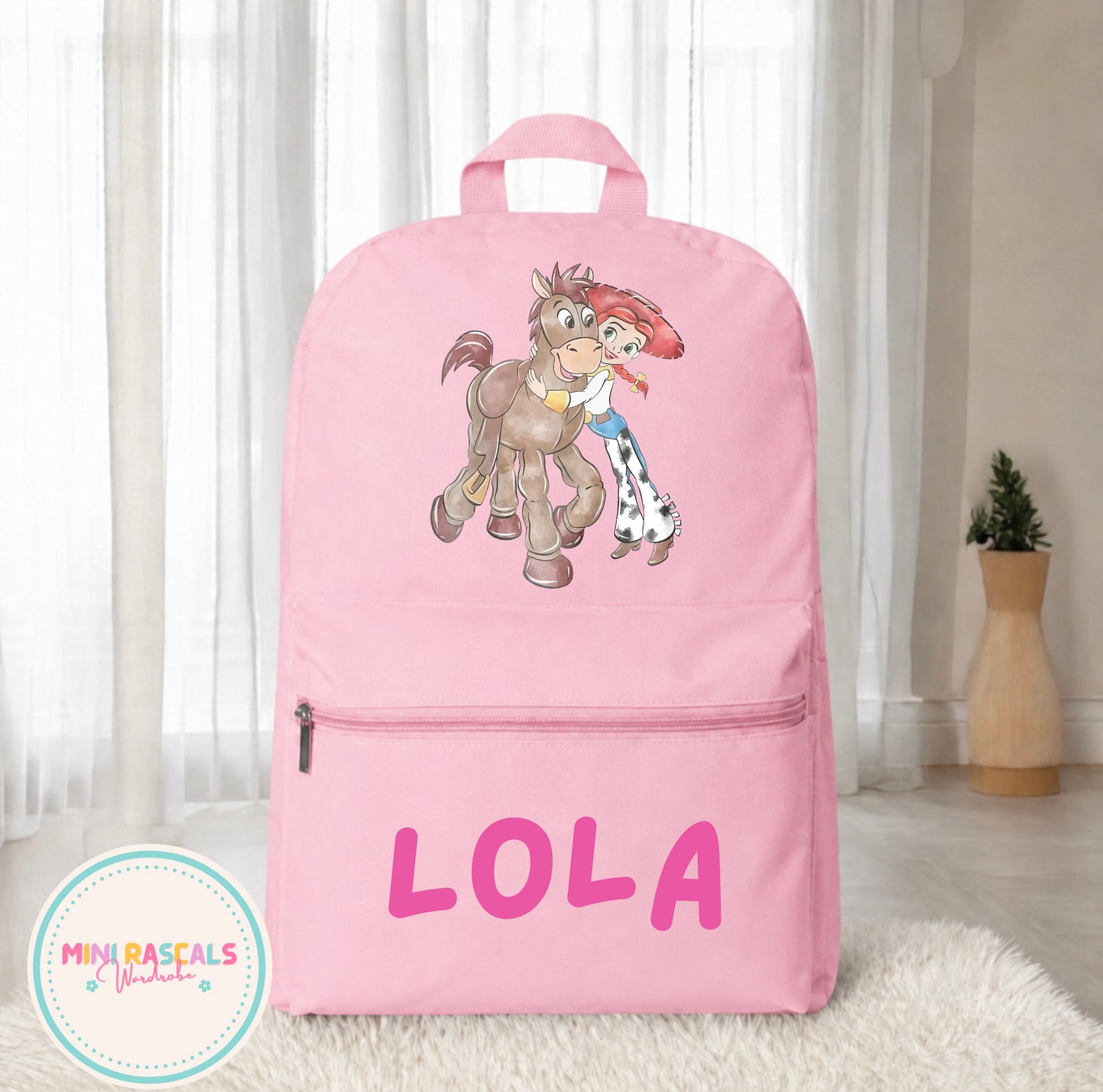 Personalised Jessie & Bullseye Girls Backpack | Custom Name School Bag | Mini Rascals