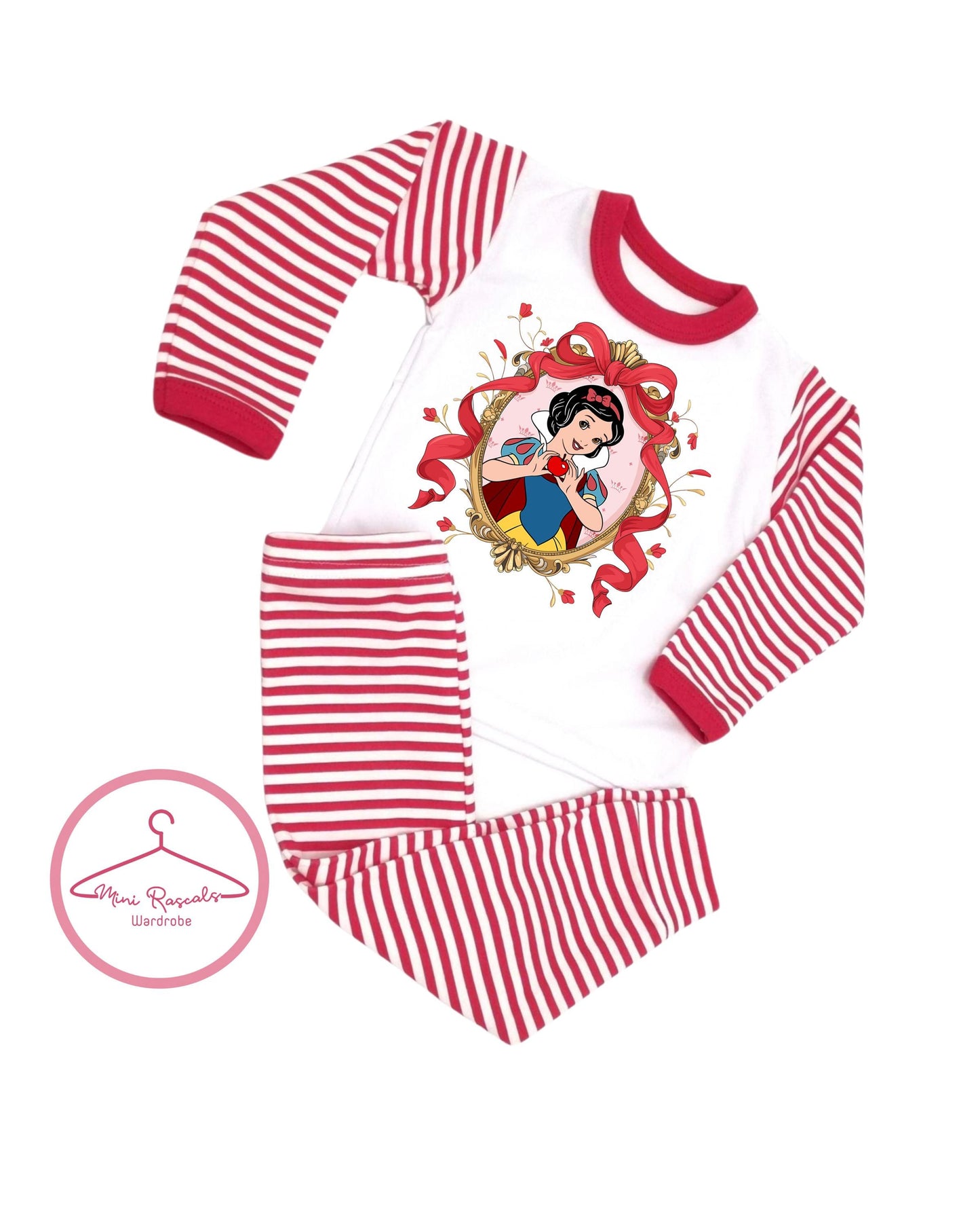 Princess Snow White Christmas Pyjamas – Kids Holiday Sleepwear | Red Striped Long Sleeve Set