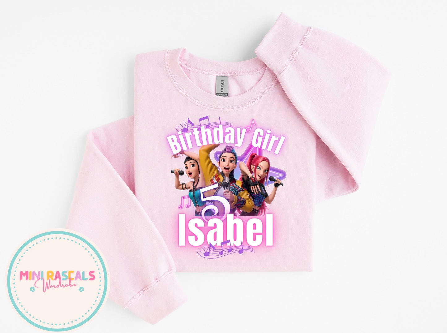 Custom Birthday Girl KPOP Demon Hunters Star T-Shirt | Personalised Kids Birthday Tee | Neon Star Music Theme | Name & Age