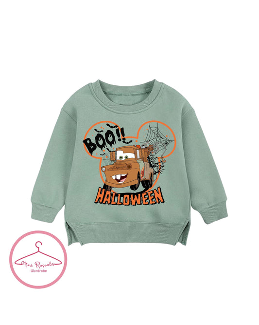 Kids Halloween Cars Character Sweatshirts – Cozy “BOO!” Crewnecks Featuring Red, Miss Fritter, Tow Mater & Fillmore