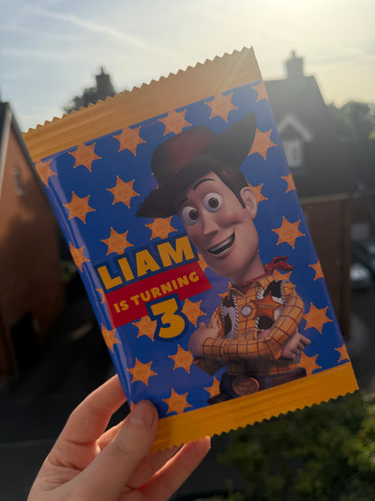Personalised Toy Story Theme Fillable Crisp Packets | Toy Story Birthday Party Favours | Custom Party Snack Bags | Kids Party Treat Bags