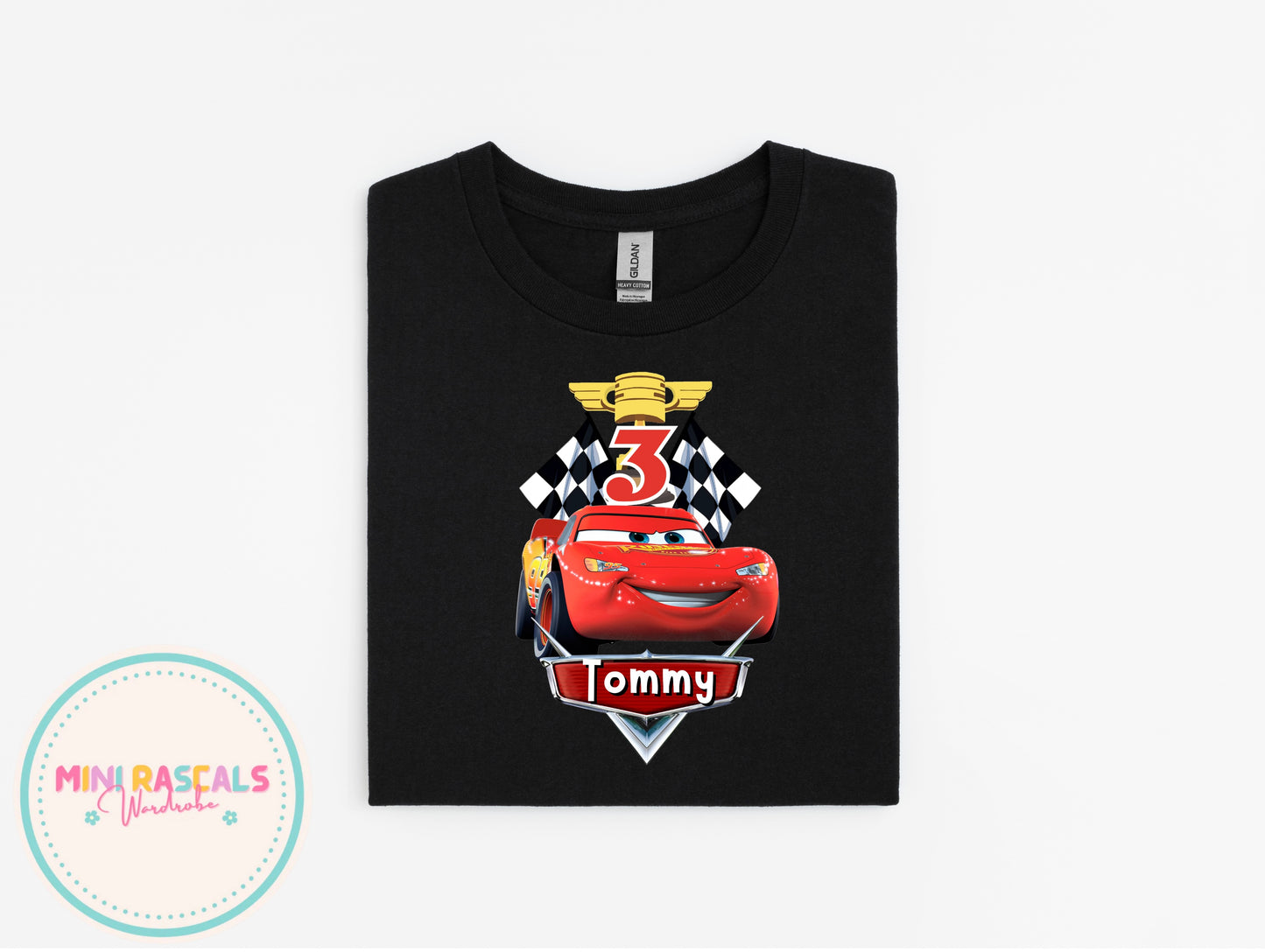 Personalised Cars Birthday T-Shirt | Custom Name & Age | Lightning McQueen Design