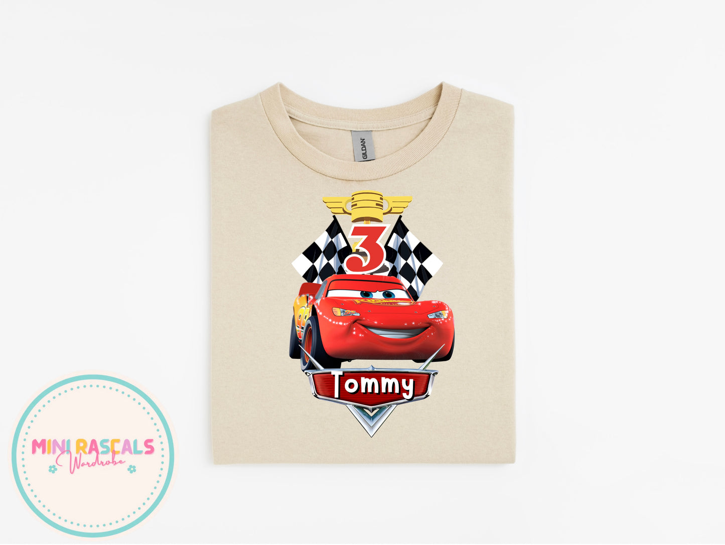 Personalised Cars Birthday T-Shirt | Custom Name & Age | Lightning McQueen Design