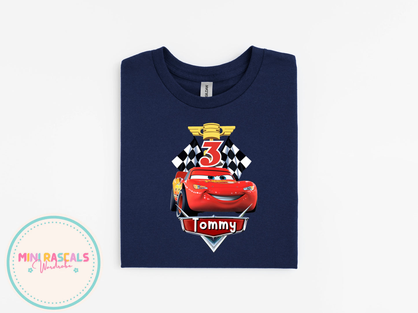 Personalised Cars Birthday T-Shirt | Custom Name & Age | Lightning McQueen Design
