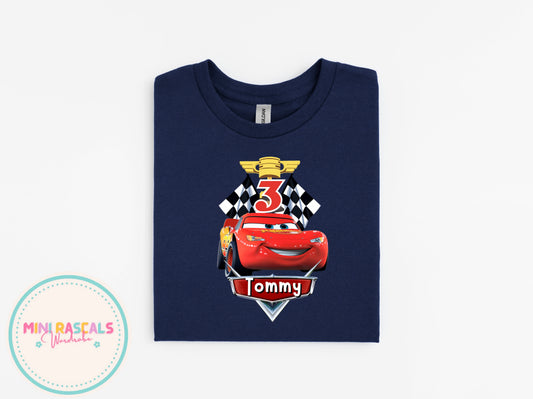Personalised Cars Birthday T-Shirt | Custom Name & Age | Lightning McQueen Design