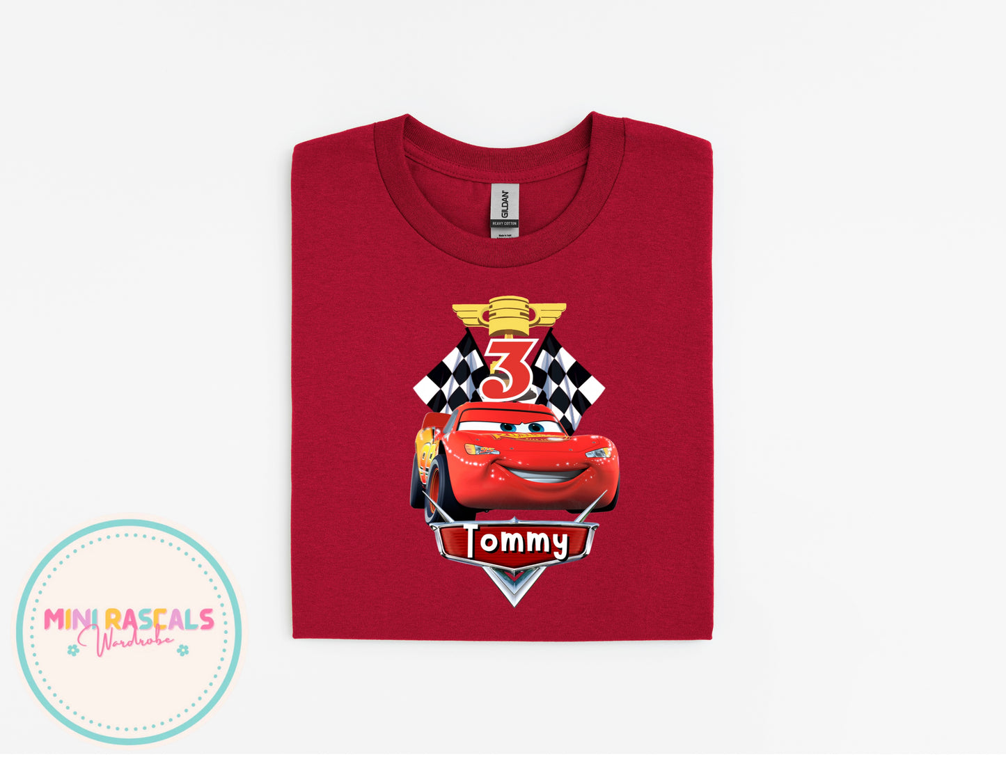 Personalised Cars Birthday T-Shirt | Custom Name & Age | Lightning McQueen Design