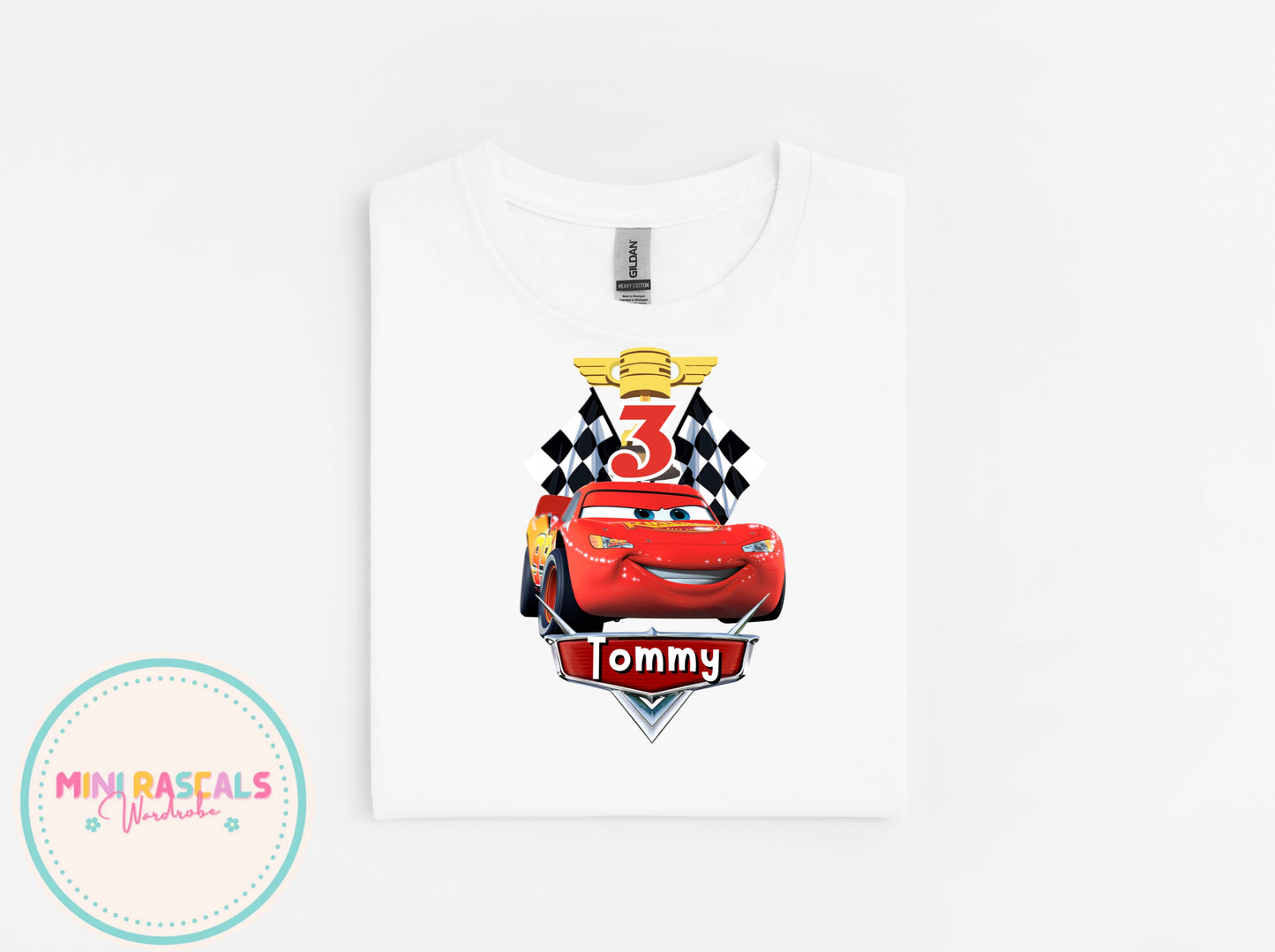 Personalised Cars Birthday T-Shirt | Custom Name & Age | Lightning McQueen Design