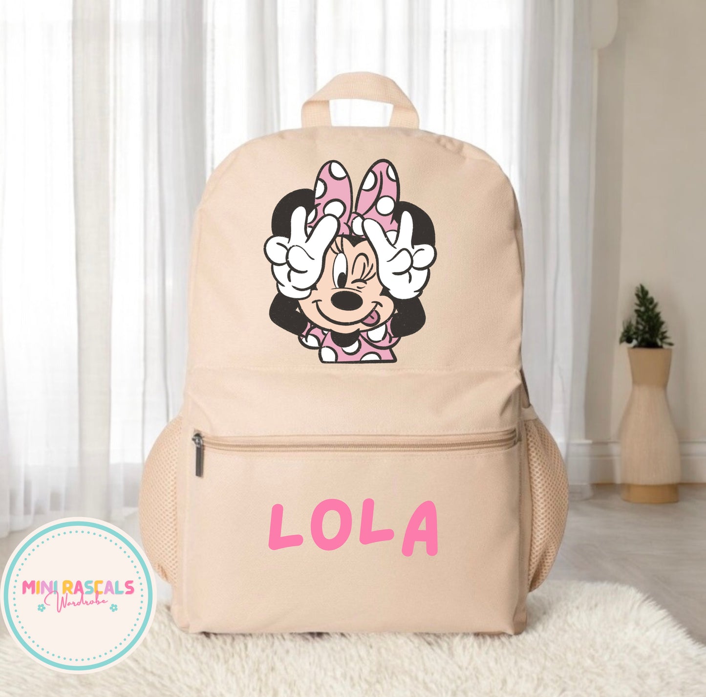 Personalised Minnie Mouse Girls Backpack | Custom Name School Bag | Mini Rascals