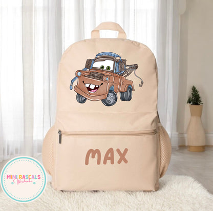 Personalised Tow Mater Kids Backpack – Custom Name Disney Cars School Bag | Mini Rascals