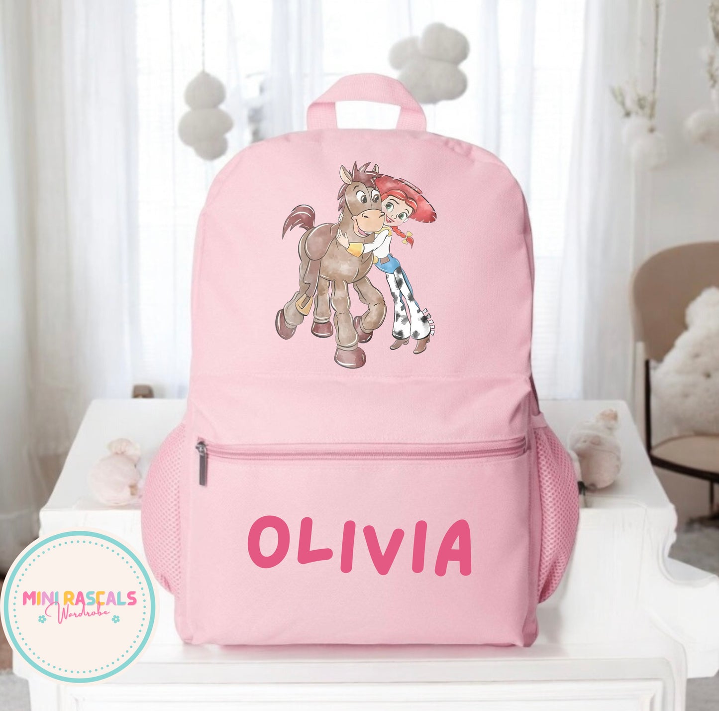 Personalised Jessie & Bullseye Girls Backpack | Custom Name School Bag | Mini Rascals