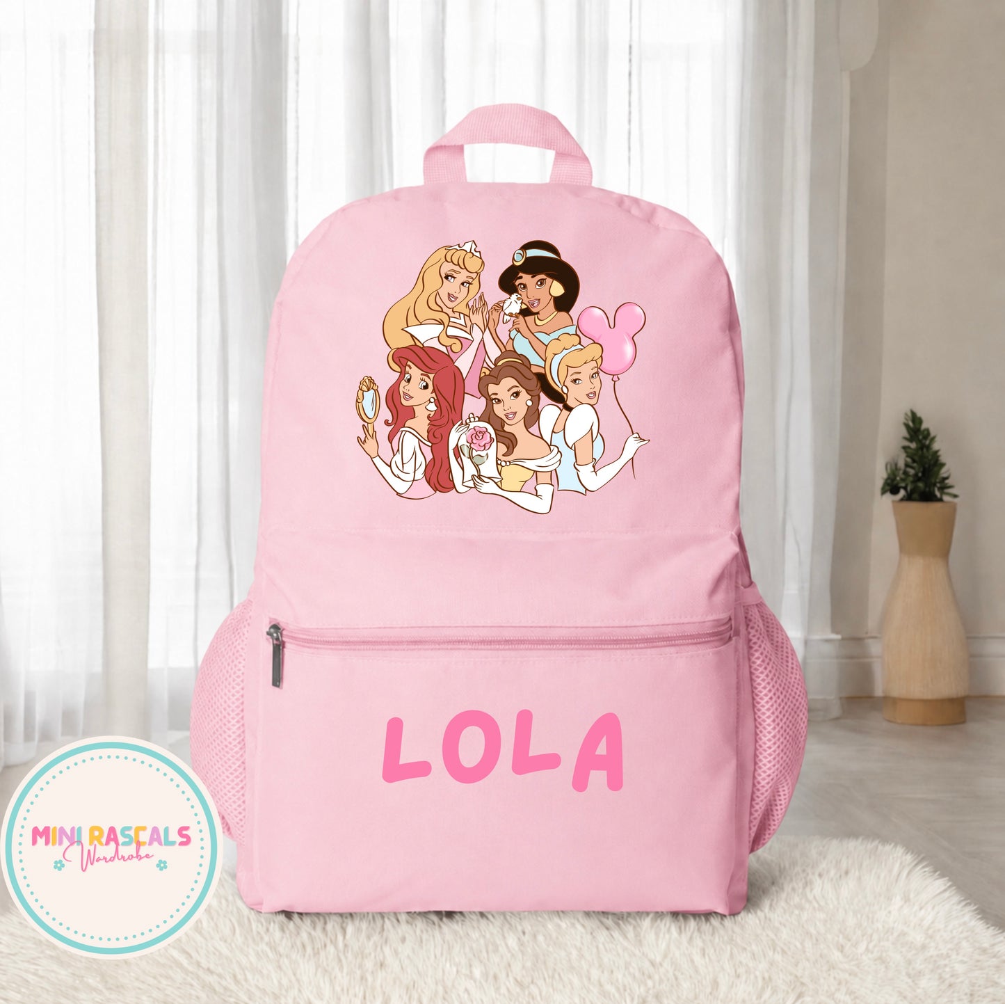 Personalised Disney Princess Girls Backpack | Custom Name School Bag | Mini Rascals