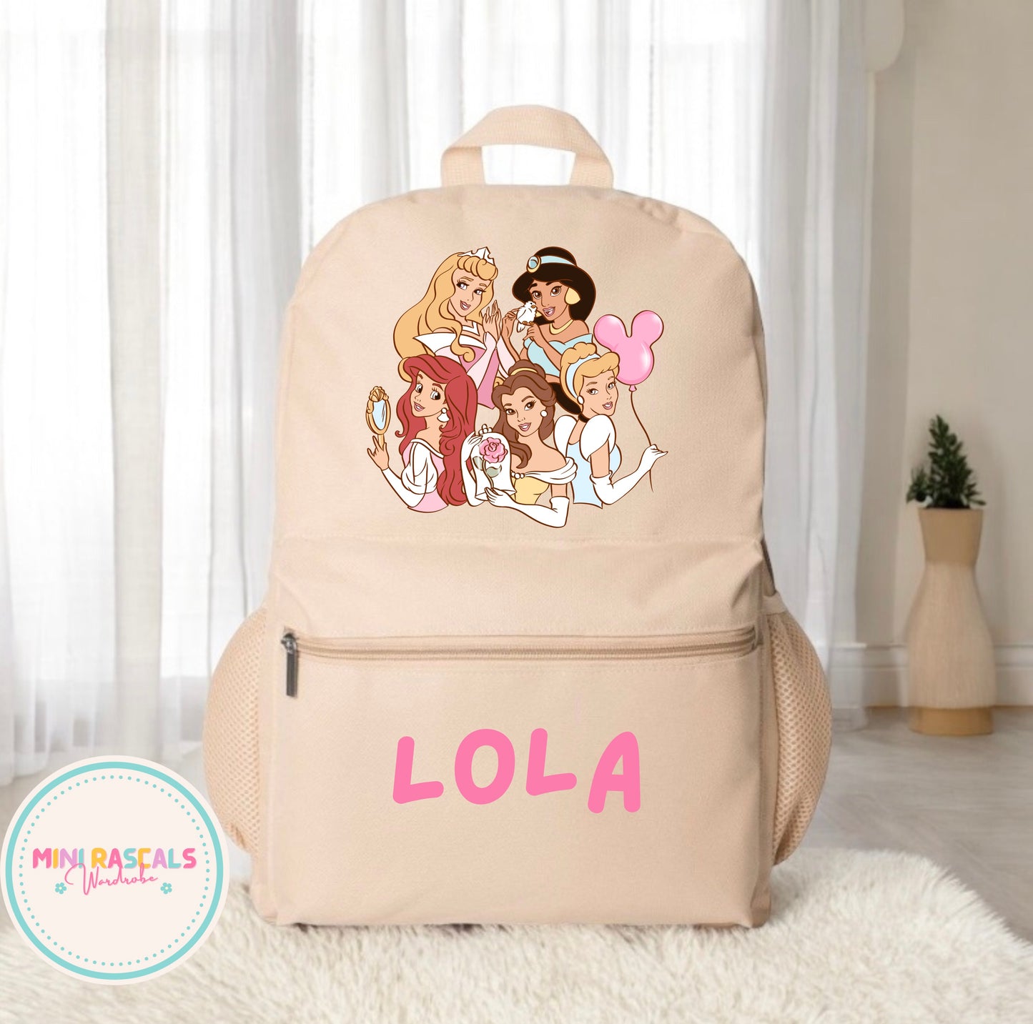 Personalised Disney Princess Girls Backpack | Custom Name School Bag | Mini Rascals