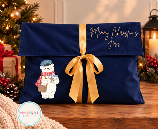 Personalised Polar Bear North Pole Post Office Velvet Christmas Gift Pouch