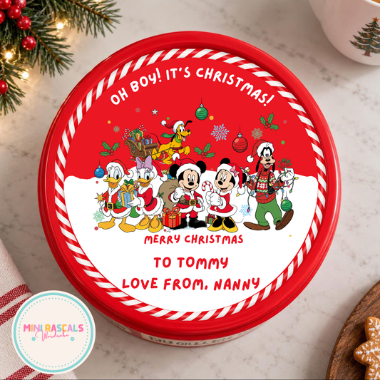 Personalised Mickey Mouse and Friends Christmas Chocolate Tub Lid Decal