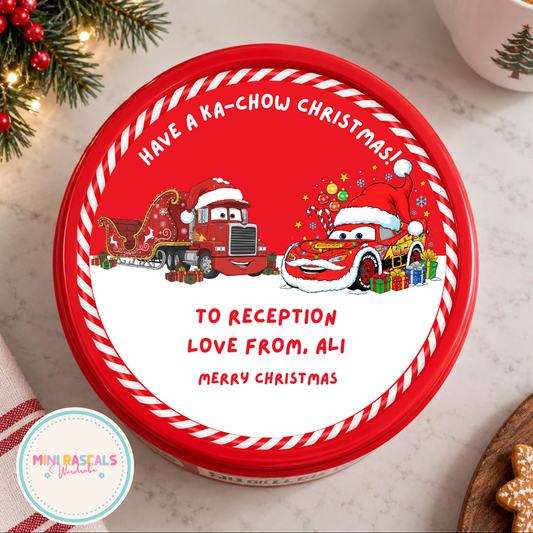 Personalised Disney Cars Christmas Chocolate Tub Lid Decal