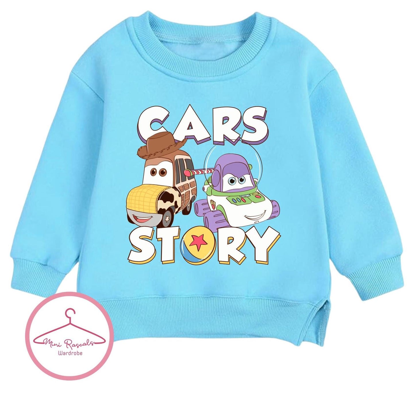 Disney Cars & Toy Story Crossover Kids Sweatshirt | McQueen Woody & Buzz Graphic Jumper | Boys Girls Unisex