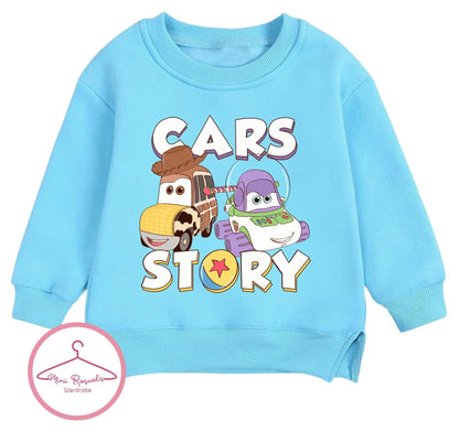 Disney Cars & Toy Story Crossover Kids Sweatshirt | McQueen Woody & Buzz Graphic Jumper | Boys Girls Unisex