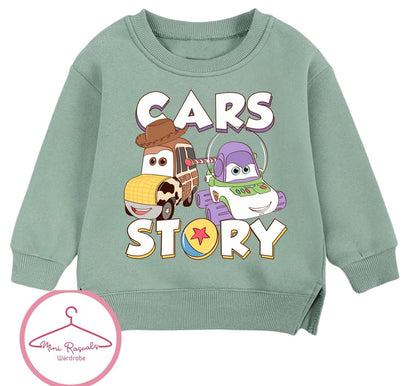 Disney Cars & Toy Story Crossover Kids Sweatshirt | McQueen Woody & Buzz Graphic Jumper | Boys Girls Unisex