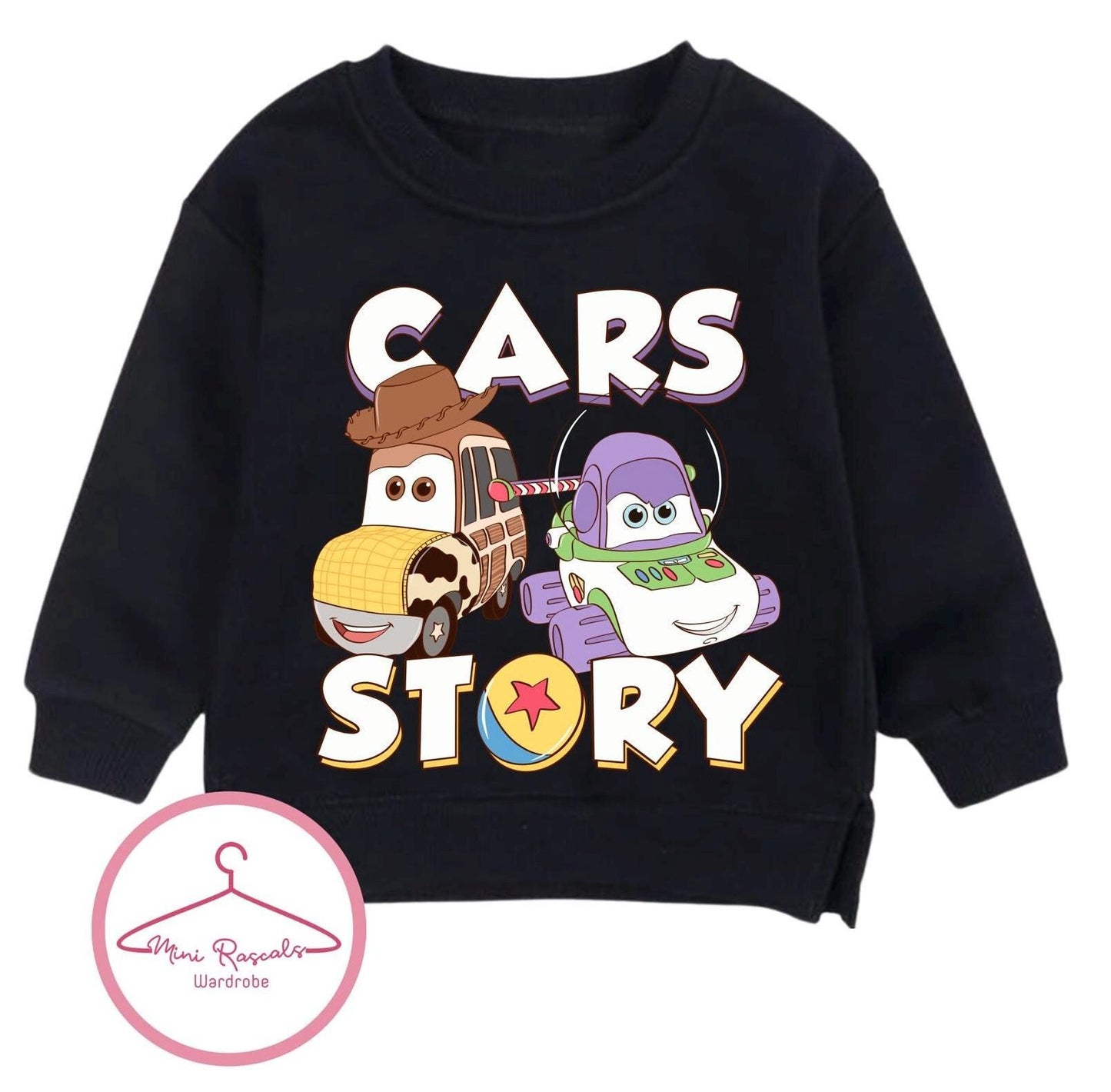Disney Cars & Toy Story Crossover Kids Sweatshirt | McQueen Woody & Buzz Graphic Jumper | Boys Girls Unisex