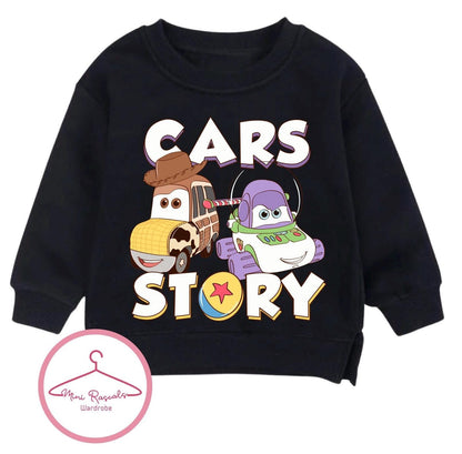Disney Cars & Toy Story Crossover Kids Sweatshirt | McQueen Woody & Buzz Graphic Jumper | Boys Girls Unisex
