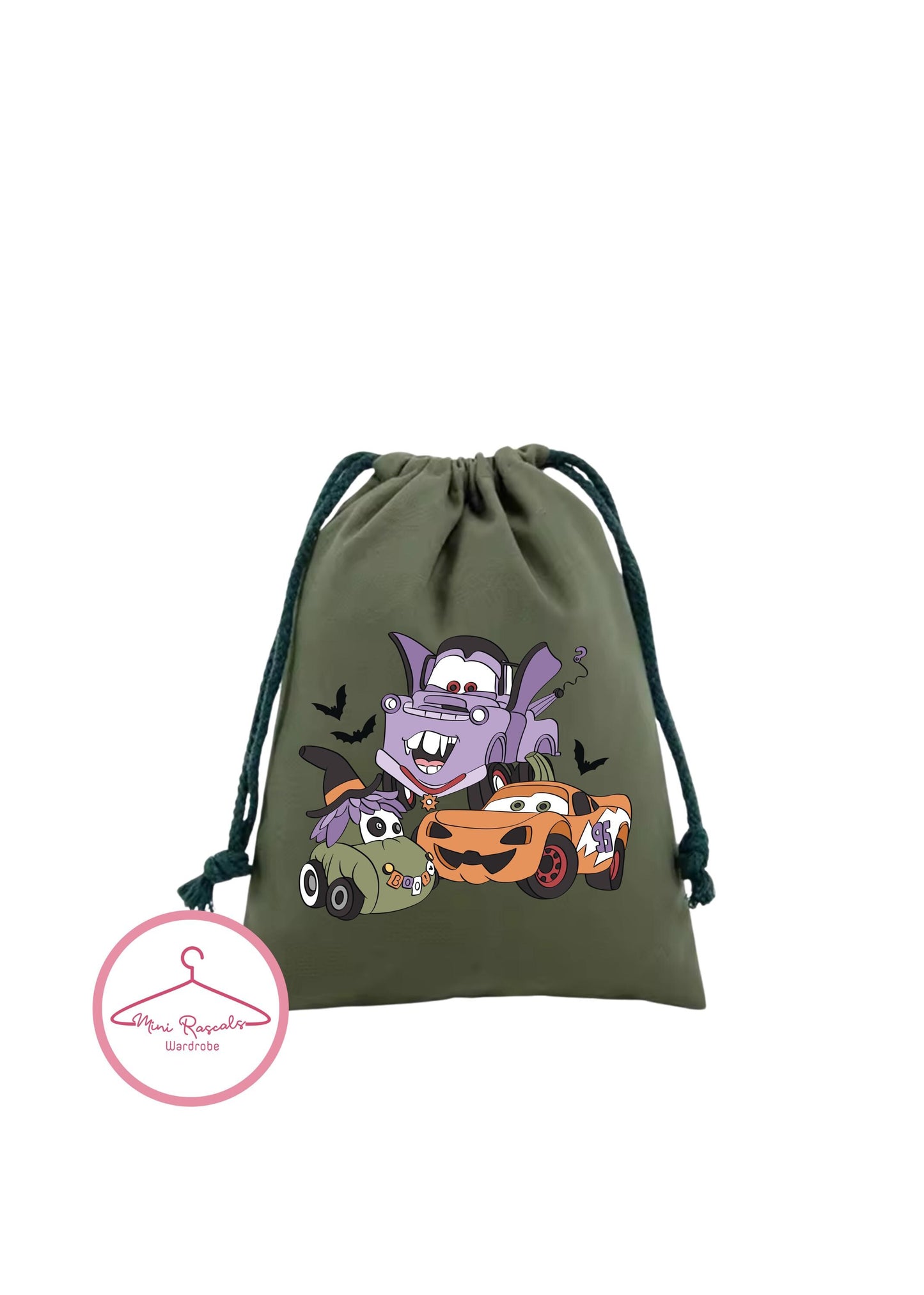 Halloween Cars Pumpkin and Vampire Themed Kids Drawstring Bag - Trick-or-Treat Bag