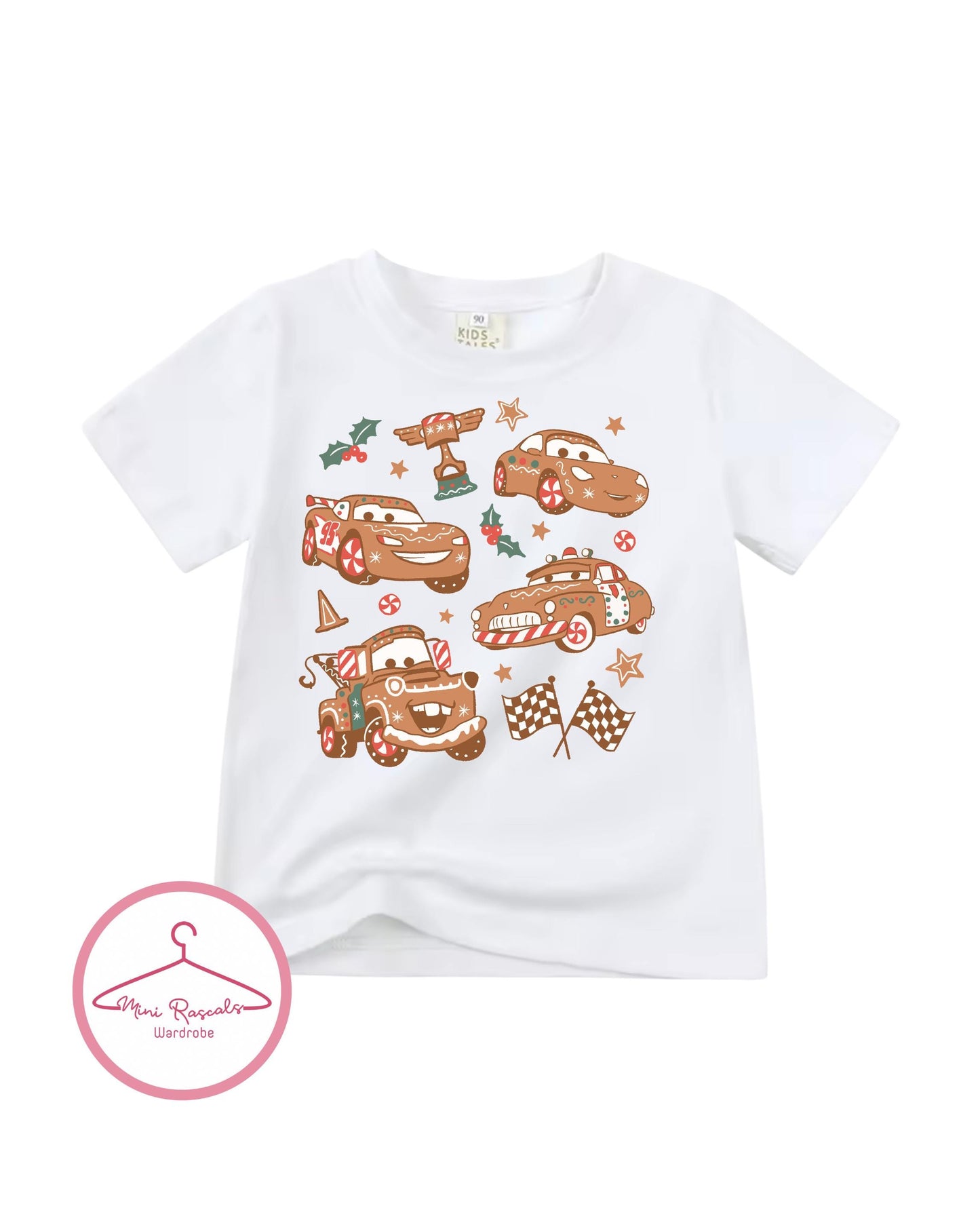 Kids Cars Christmas Gingerbread Race Car T-Shirt – Festive Holiday Racing Tee for Boys & Girls - McQueen, Tow Mater and Sherrif