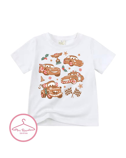 Kids Cars Christmas Gingerbread Race Car T-Shirt – Festive Holiday Racing Tee for Boys & Girls - McQueen, Tow Mater and Sherrif
