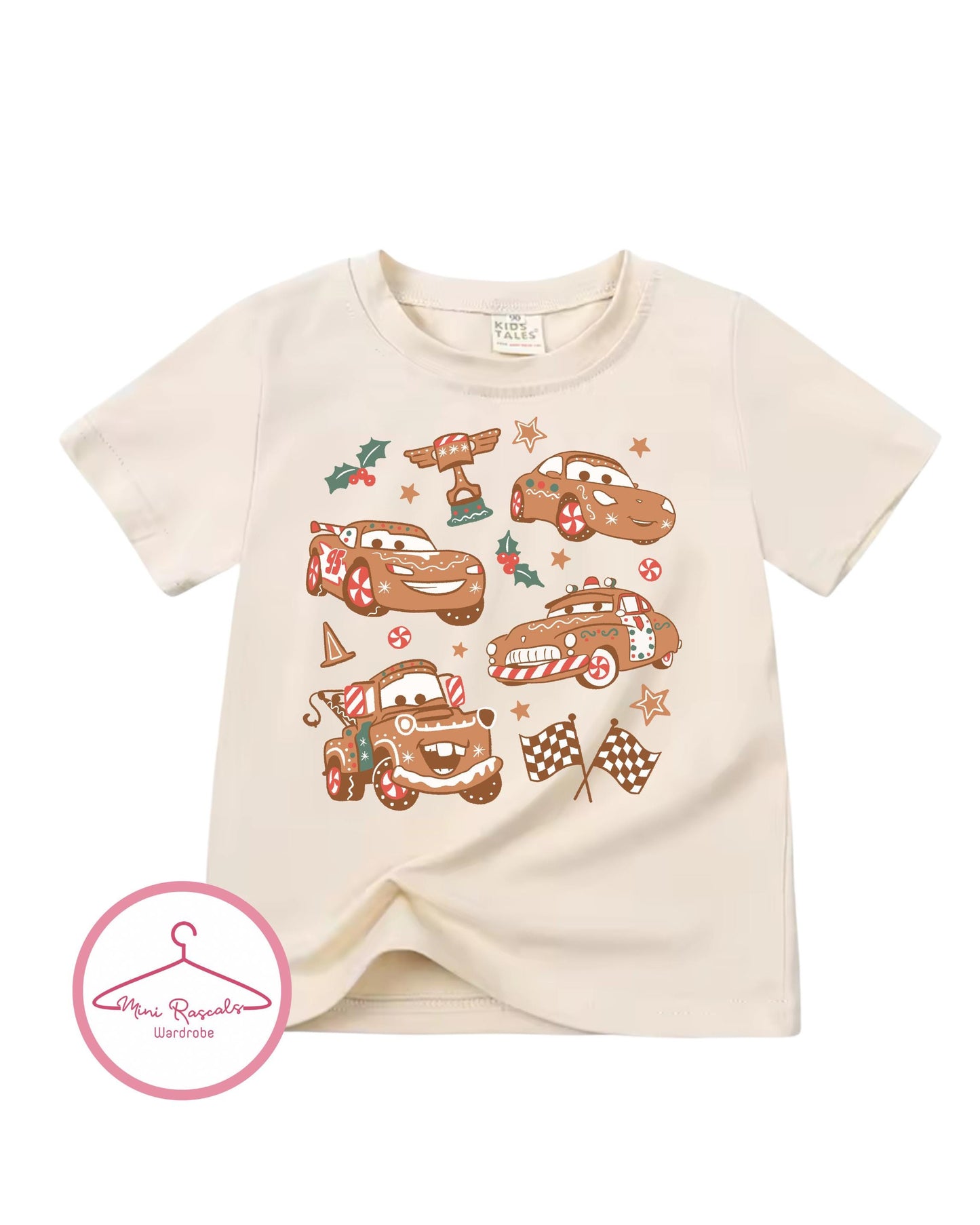 Kids Cars Christmas Gingerbread Race Car T-Shirt – Festive Holiday Racing Tee for Boys & Girls - McQueen, Tow Mater and Sherrif