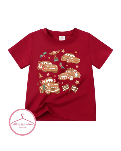 Kids Cars Christmas Gingerbread Race Car T-Shirt – Festive Holiday Racing Tee for Boys & Girls - McQueen, Tow Mater and Sherrif