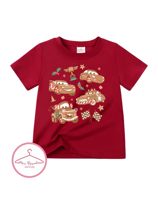 Kids Cars Christmas Gingerbread Race Car T-Shirt – Festive Holiday Racing Tee for Boys & Girls - McQueen, Tow Mater and Sherrif