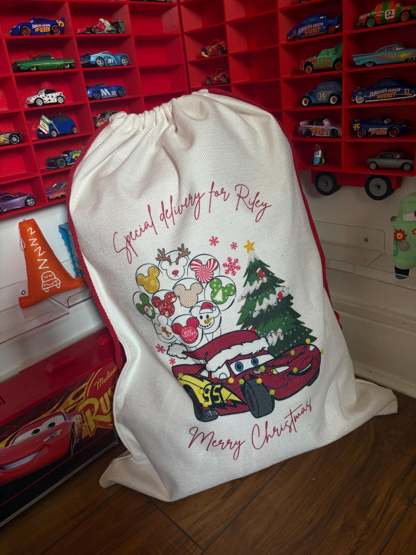 Personalised Christmas Sack  - Cars Inspired - every sack comes with a matching bauble