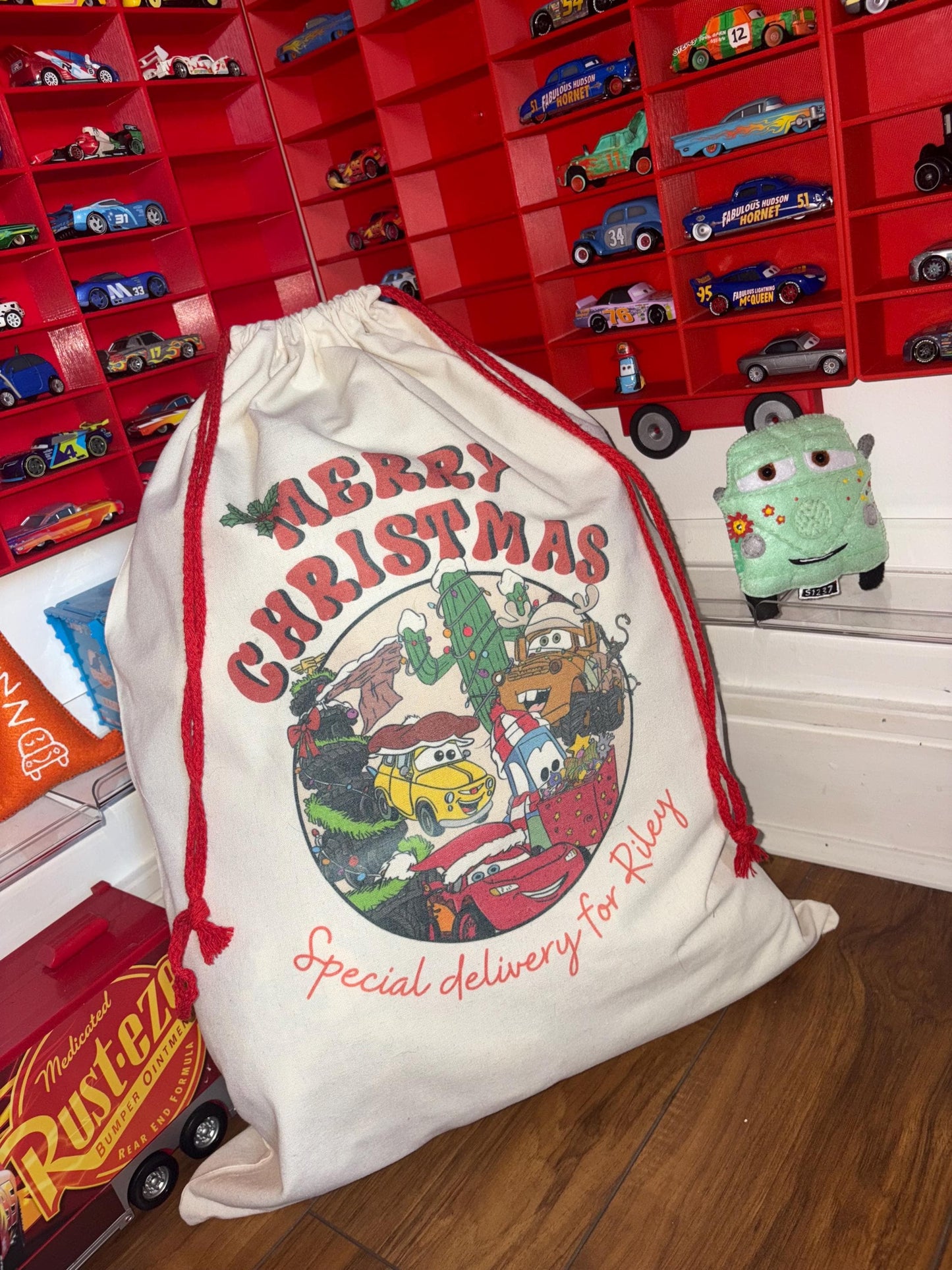 Personalised Cars Christmas Sack - every sack comes with a matching bauble