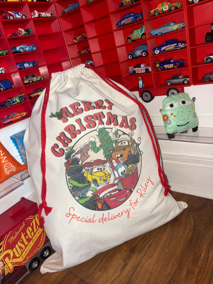 Personalised Cars Christmas Sack - every sack comes with a matching bauble