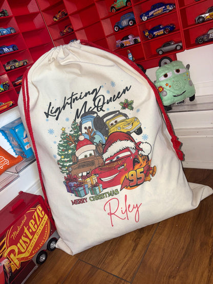 Personalised Cars Christmas Sack - every sack comes with a matching bauble