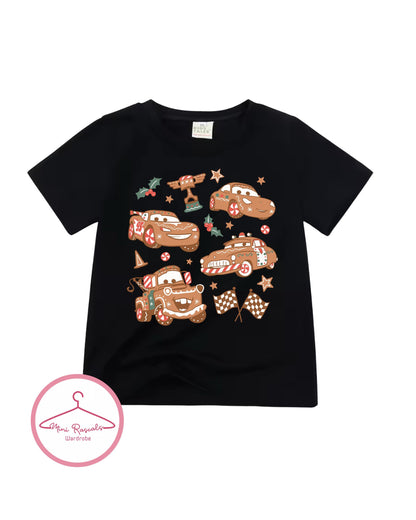 Kids Cars Christmas Gingerbread Race Car T-Shirt – Festive Holiday Racing Tee for Boys & Girls - McQueen, Tow Mater and Sherrif