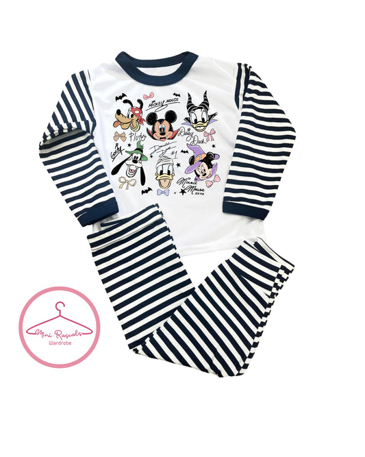 Mickey Character Halloween Kids Pyjamas – Mickey, Minnie, Donald, Goofy & Friends | Striped Long Sleeve Sleepwear Set