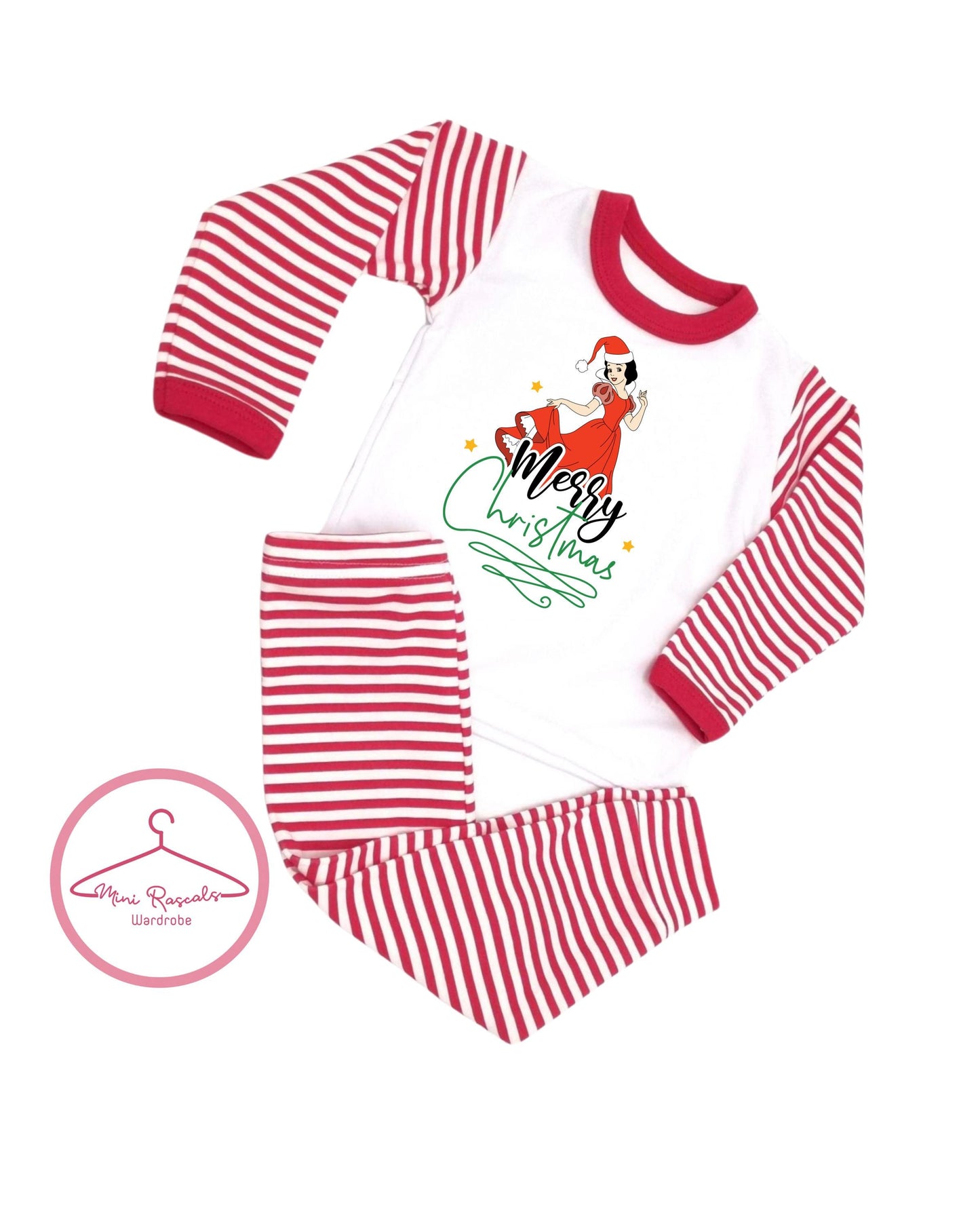 Princess Snow White Christmas Pyjamas – Kids Holiday Sleepwear | Red Striped Long Sleeve Set