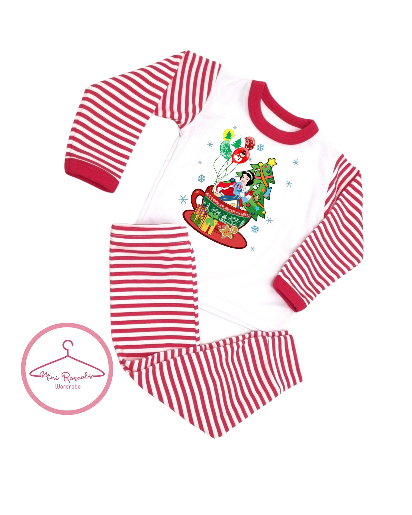 Princess Snow White Christmas Pyjamas – Kids Holiday Sleepwear | Red Striped Long Sleeve Set