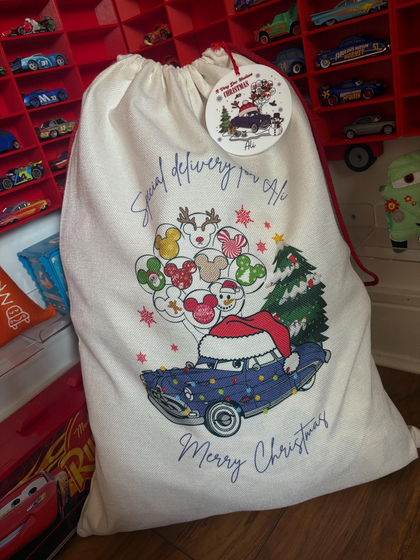 Personalised Christmas Sack  - Cars Inspired - every sack comes with a matching bauble
