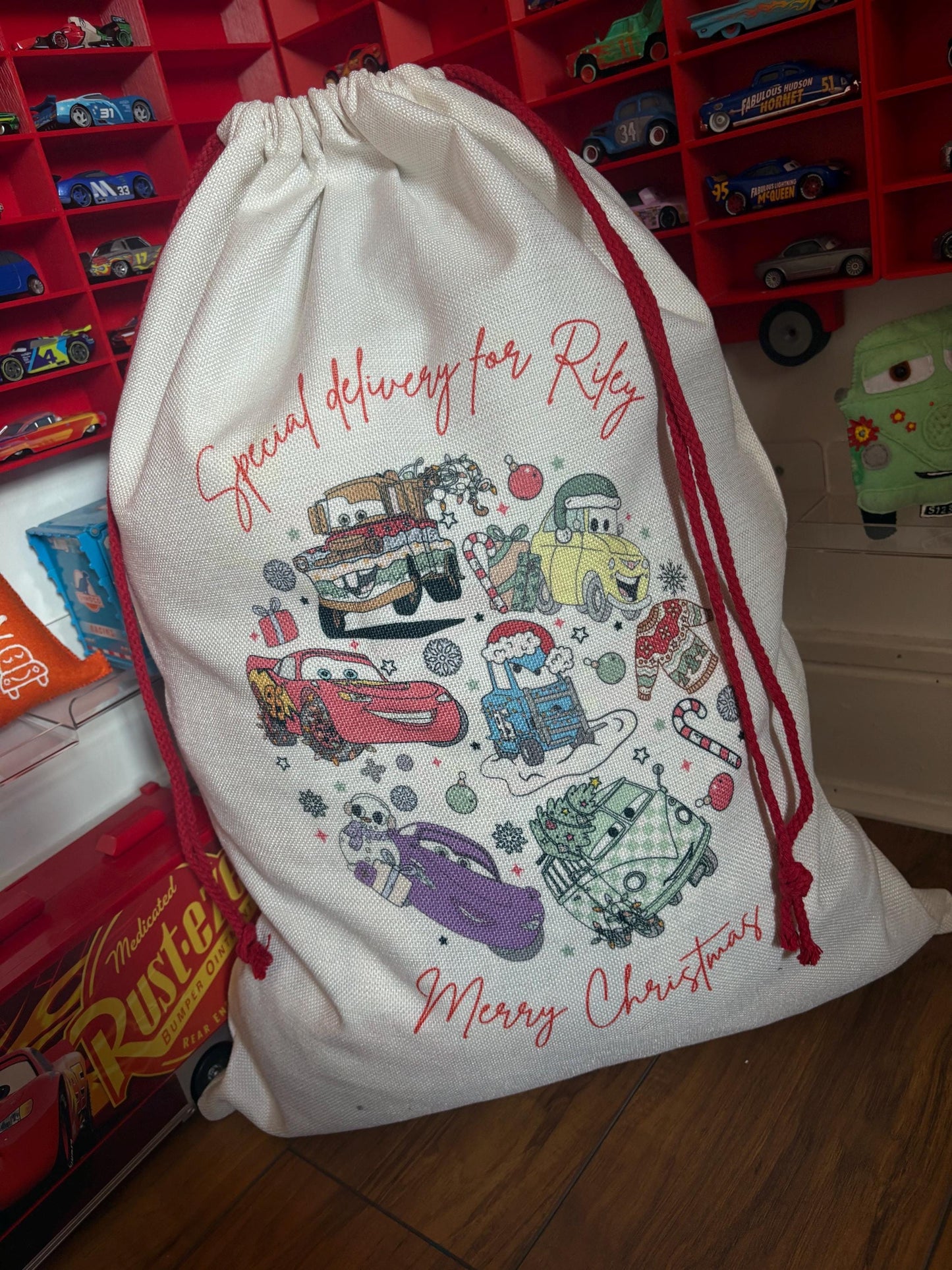 Personalised Cars Christmas Sack - every sack comes with a matching bauble