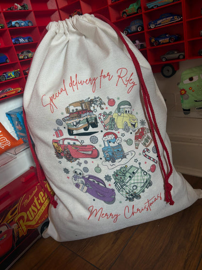 Personalised Cars Christmas Sack - every sack comes with a matching bauble