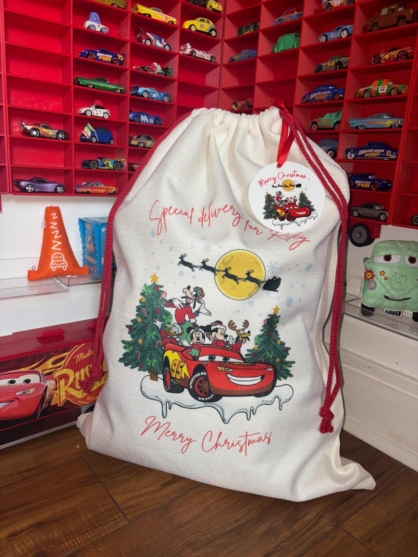 Personalised Cars Christmas Sack - every sack comes with a matching bauble