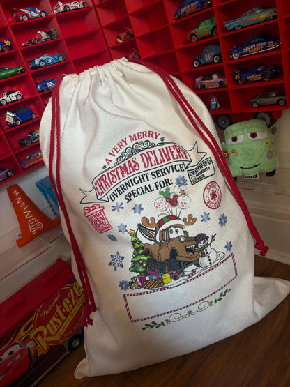 Personalised Cars Christmas Sack - every sack comes with a matching bauble