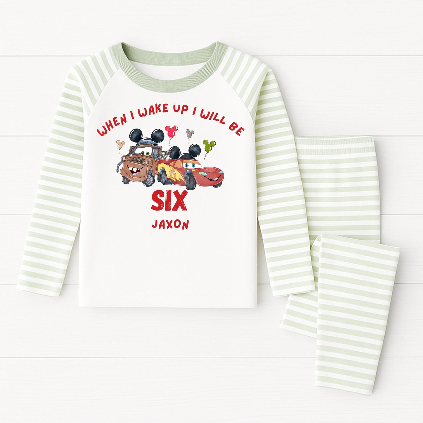 Personalised Cars Birthday Pyjamas – “When I Wake Up I Will Be” – Kids Birthday PJs – Custom Name & Age Pajamas