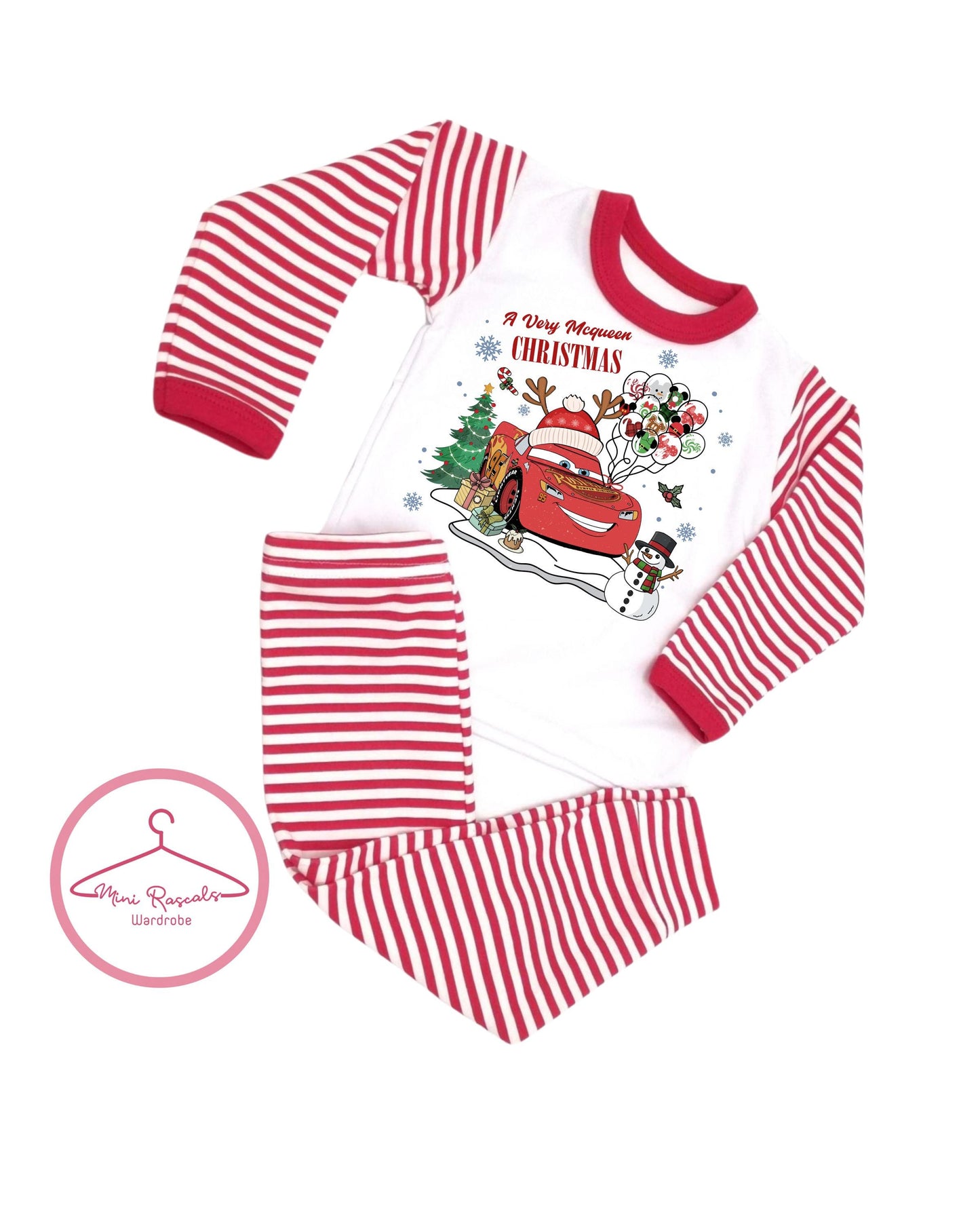 Cars Christmas Pyjamas – Kids Holiday Sleepwear | Red Striped Long Sleeve Set
