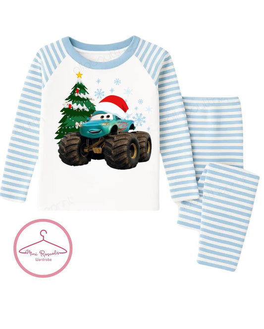 Cars Ivy Monster Truck Christmas Pyjamas – Kids Holiday Sleepwear | Blue Striped Long Sleeve Set