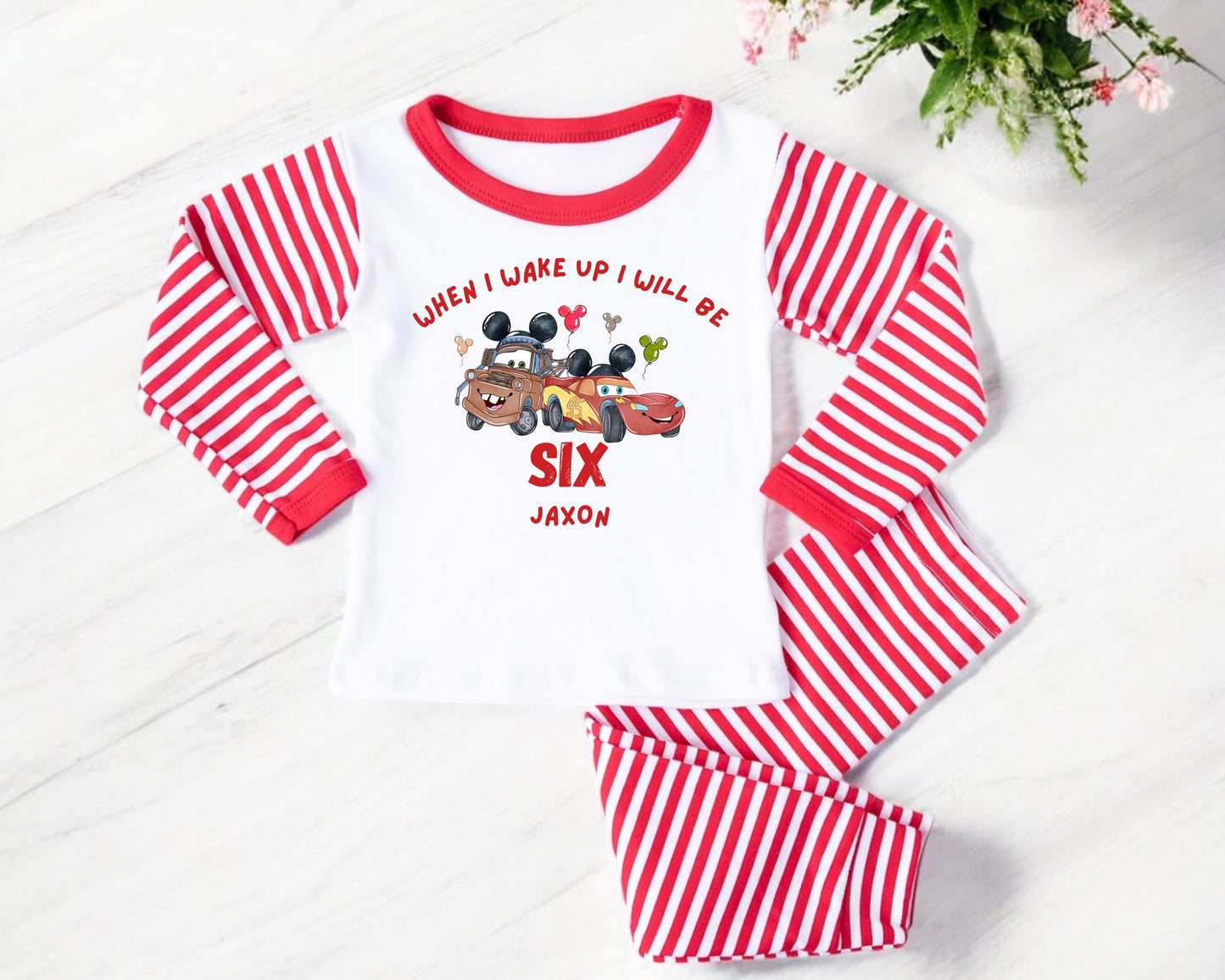Personalised Cars Birthday Pyjamas – “When I Wake Up I Will Be” – Kids Birthday PJs – Custom Name & Age Pajamas
