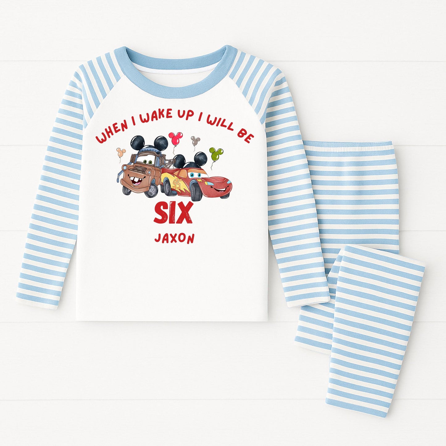 Personalised Cars Birthday Pyjamas – “When I Wake Up I Will Be” – Kids Birthday PJs – Custom Name & Age Pajamas