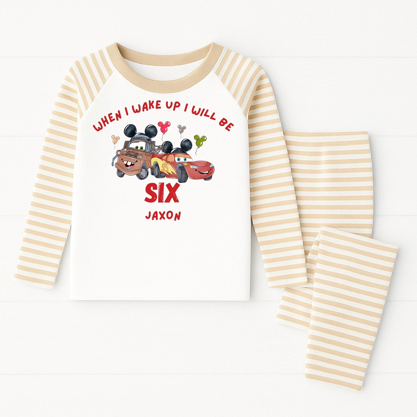 Personalised Cars Birthday Pyjamas – “When I Wake Up I Will Be” – Kids Birthday PJs – Custom Name & Age Pajamas