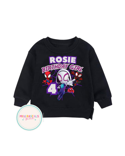 Personalised Spidey & Friends Birthday Girls T-Shirt & Sweatshirt | Custom Name Kids Birthday Outfit